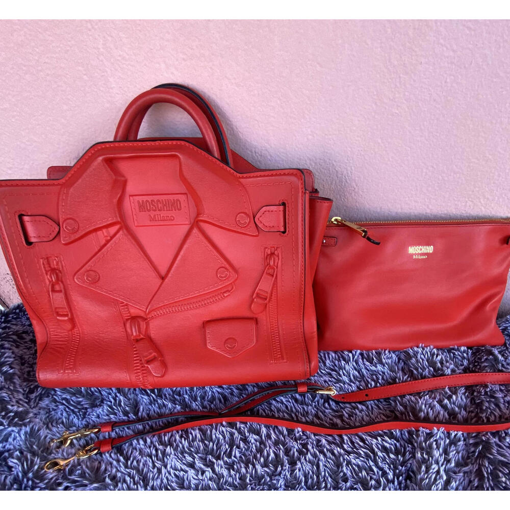 Rare Moschino Red Leather Biker Jacket Tote w Detachable Pouch & Crossbody strap